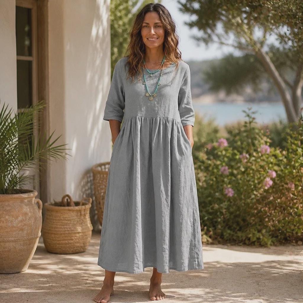 Cotton Linen Maxi Dress with Pockets | Boho Short Sleeve Summer Dress