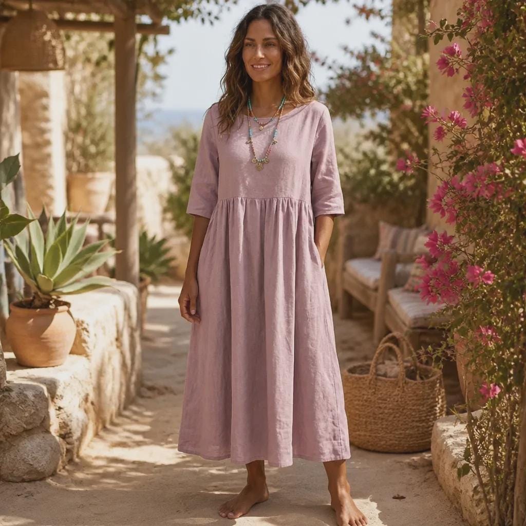 Cotton Linen Maxi Dress with Pockets | Boho Short Sleeve Summer Dress