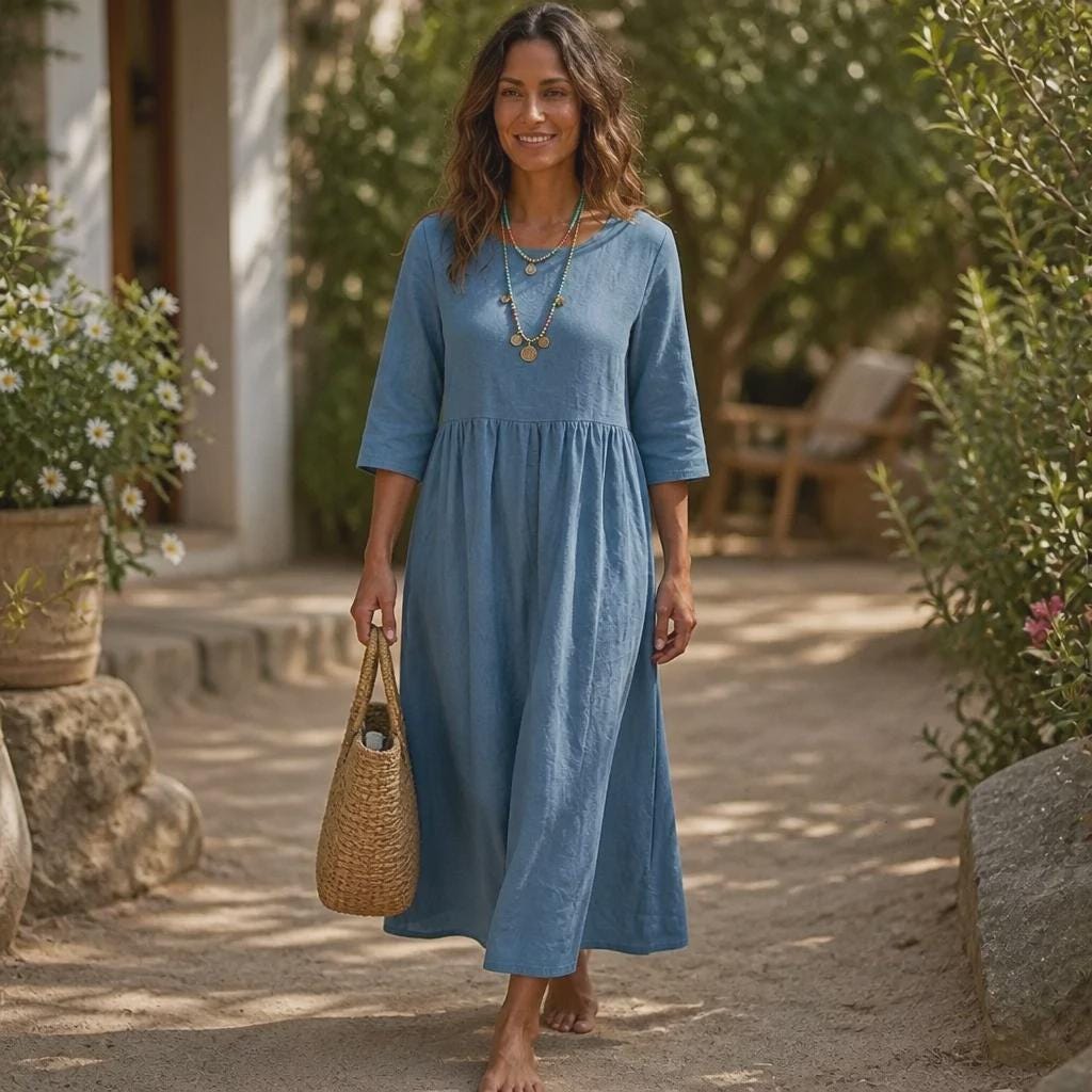 Cotton Linen Maxi Dress with Pockets | Boho Short Sleeve Summer Dress