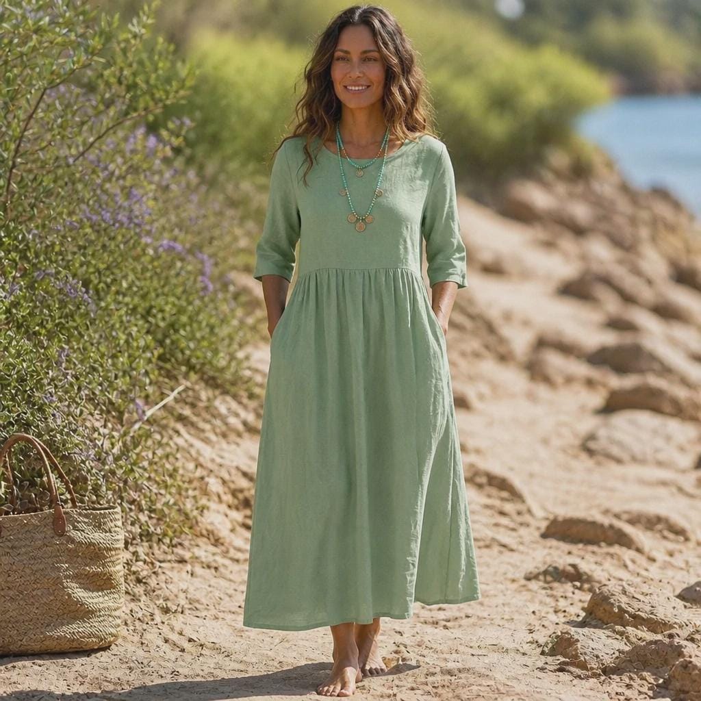 Cotton Linen Maxi Dress with Pockets | Boho Short Sleeve Summer Dress