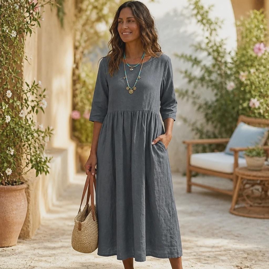 Cotton Linen Maxi Dress with Pockets | Boho Short Sleeve Summer Dress