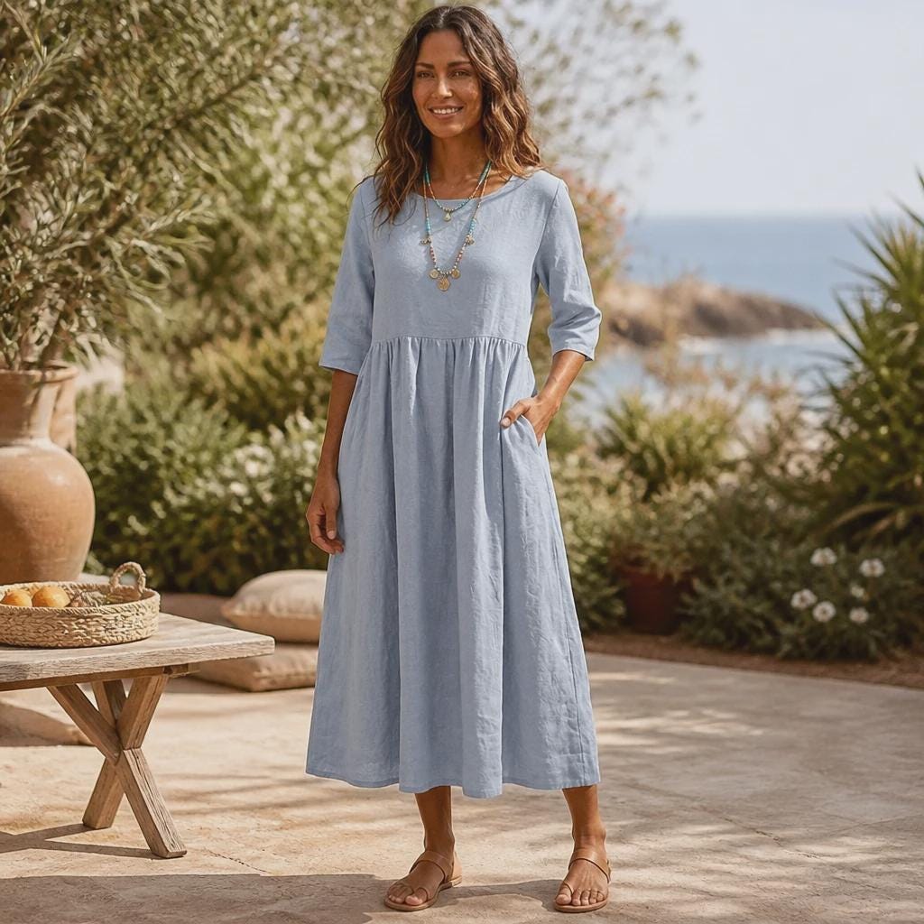Cotton Linen Maxi Dress with Pockets | Boho Short Sleeve Summer Dress