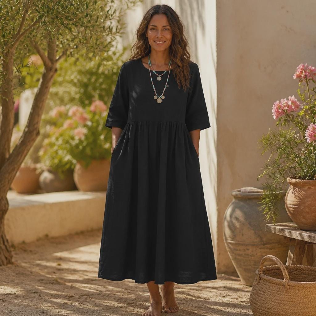 Cotton Linen Maxi Dress with Pockets | Boho Short Sleeve Summer Dress