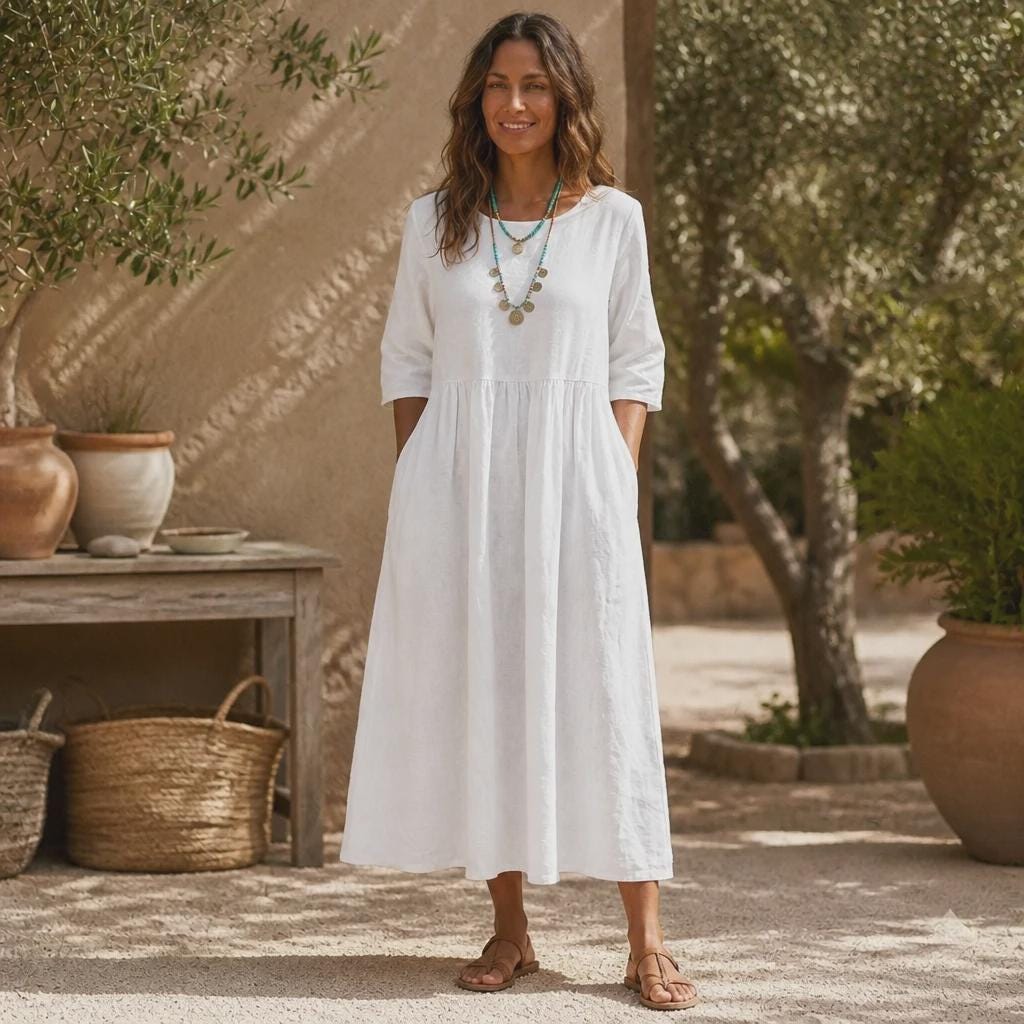 Cotton Linen Maxi Dress with Pockets | Boho Short Sleeve Summer Dress