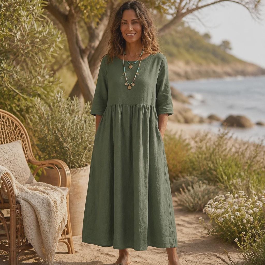Cotton Linen Maxi Dress with Pockets | Boho Short Sleeve Summer Dress